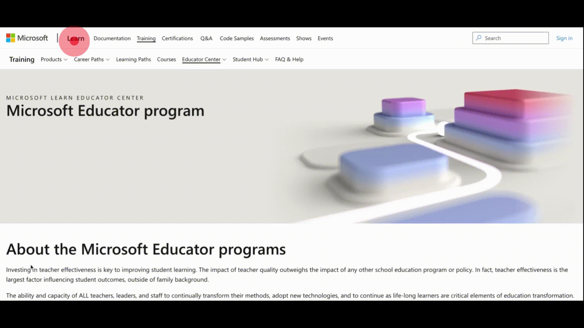 User interface of Microsoft Educator programs