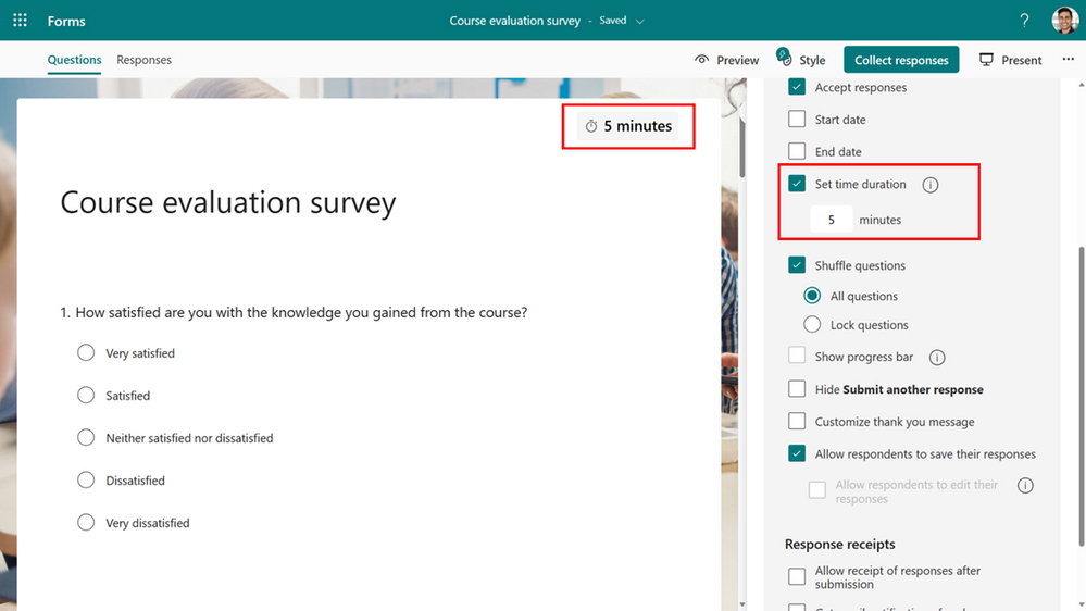 Microsoft Forms settings for controlling the duration of an assessment.