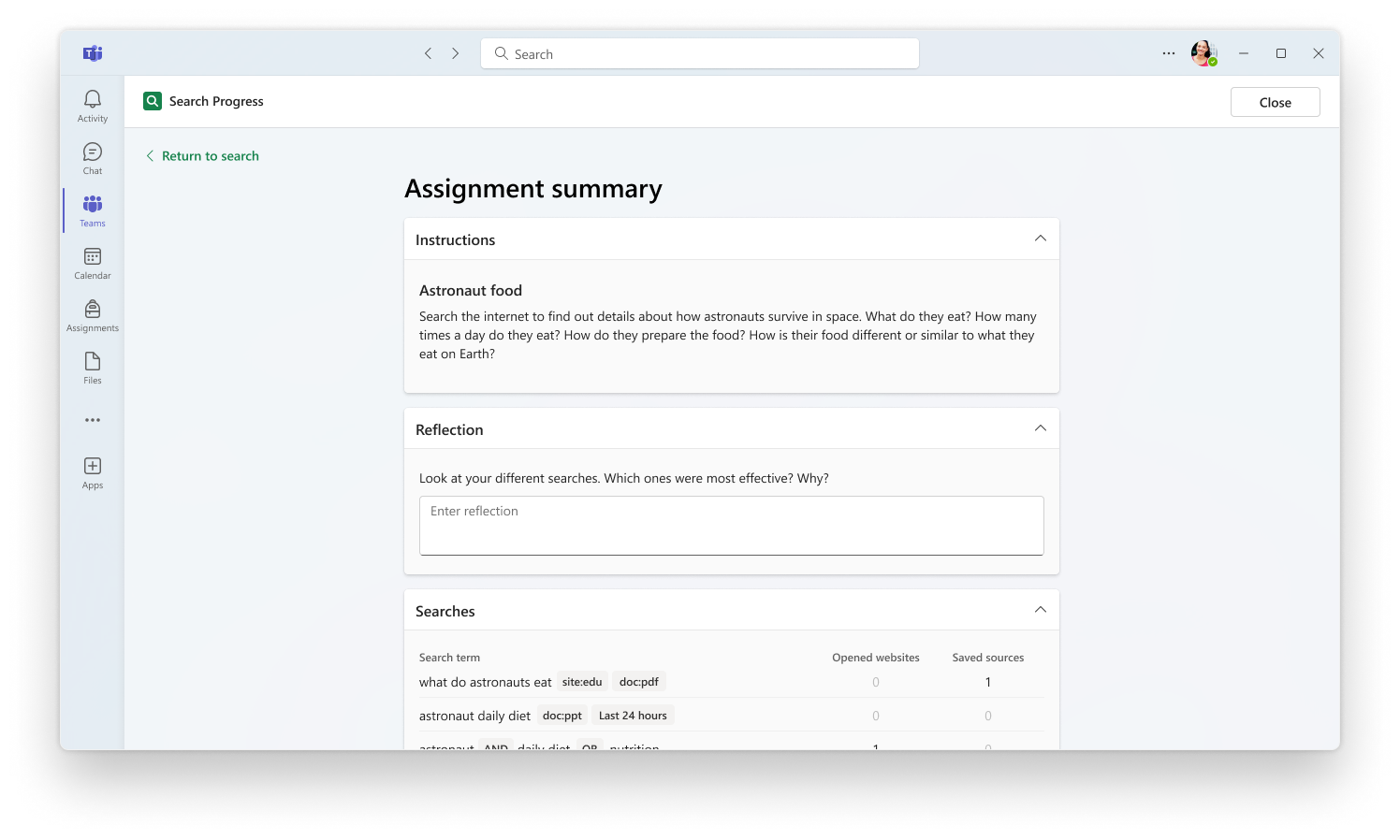 Student interface for an assignment summary in Search Progress.