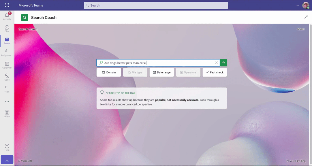 GIF. Student view of a search query in Search Coach with tips and guidance.