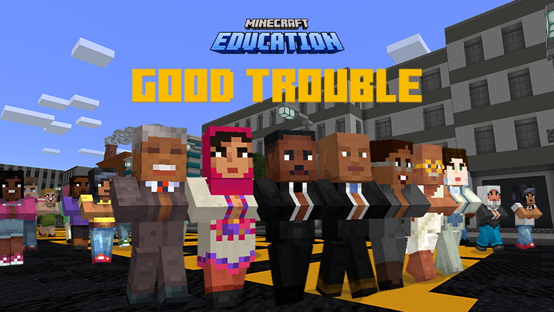 Block-style depiction of U.S. Congressman John Lewis and leaders of social justice movements in Lessons in Good Trouble from Minecraft Education.