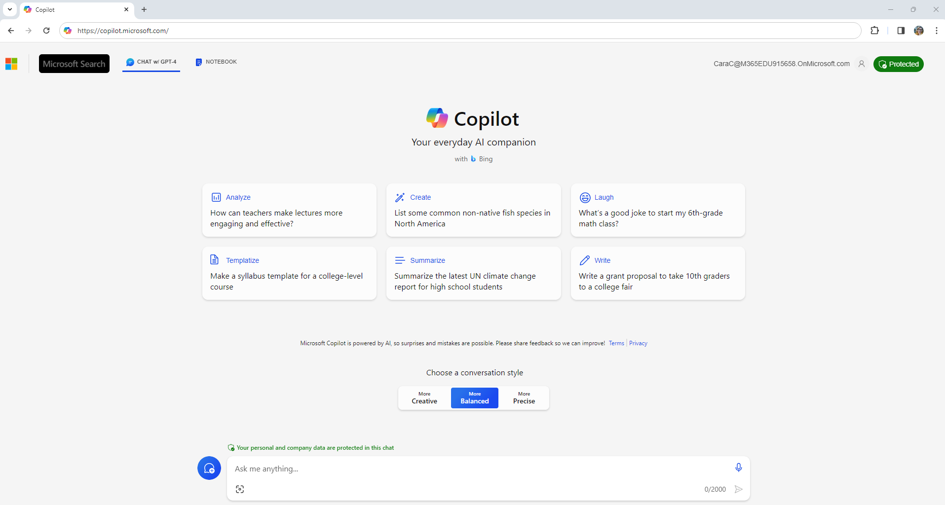 The landing page for copilot.microsoft.com showing suggested prompts for educators, including “How can teachers make lectures more engaging and effective,” and several more.