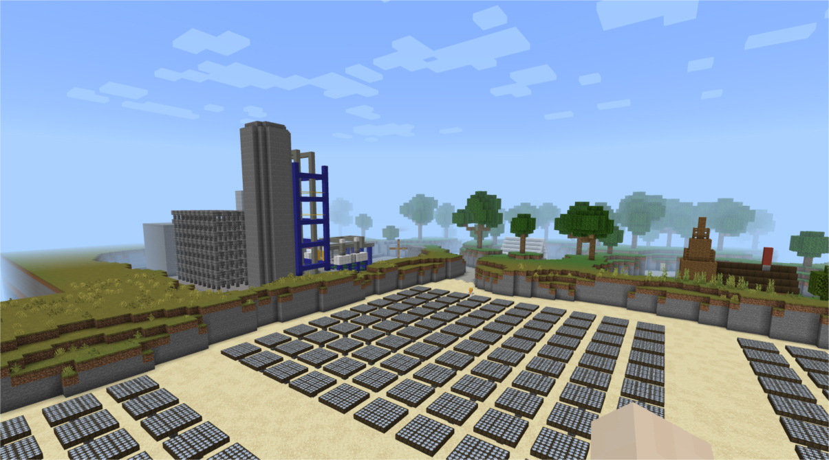 A Minecraft city skyline showing streets, houses, buildings, and a crane.