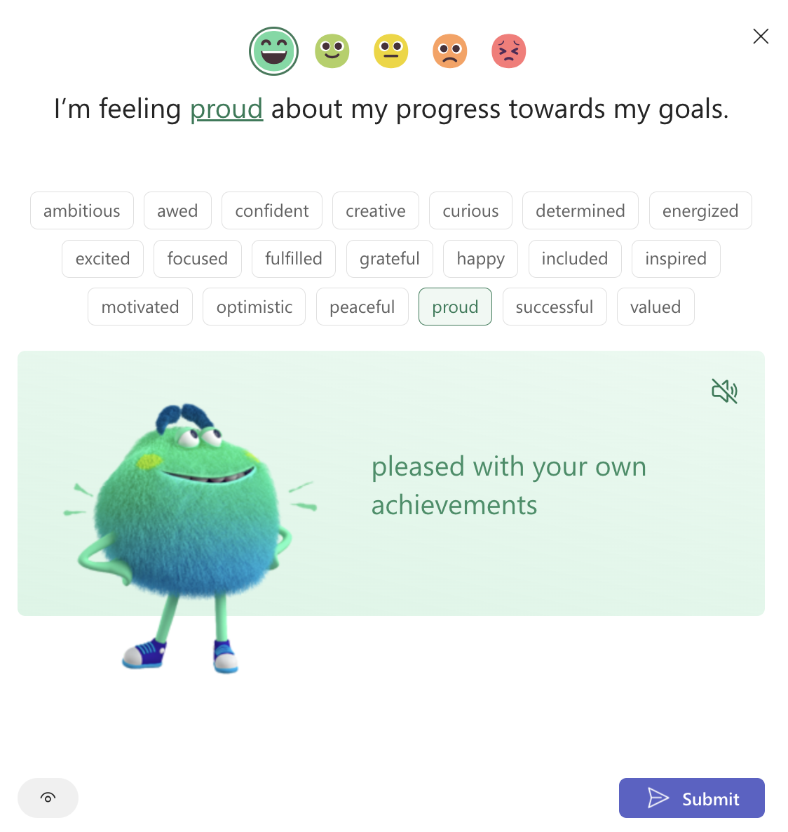 Student view of a Reflect check-in with five emojis, emotional vocabulary bank, and the round and fuzzy Feelings Monster looking proud with hands on hips and an upward gaze.
