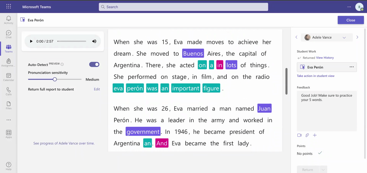 GIF. Reading Progress dashboard in Insights showing a student’s progress, including words per minute, accuracy rate, challenging words, and more.