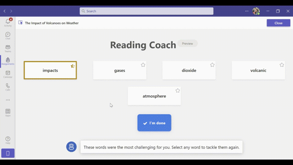 GIF of challenge word practice in Reading Coach in Microsoft Teams for Education.