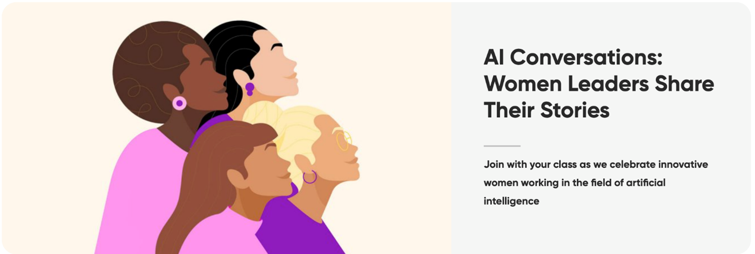 A graphic of four women grouped together and looking upward next to the event title AI Conversations: Women Leaders Share Their Stories.
