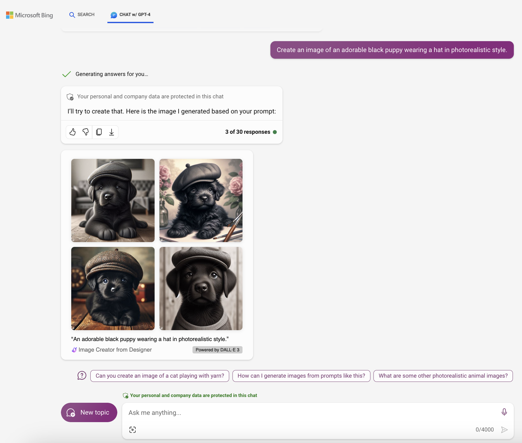 A Microsoft Copilot chat displaying four generated images of a black puppy wearing a hat in photorealistic style, with options to ask anything or continue the conversation.