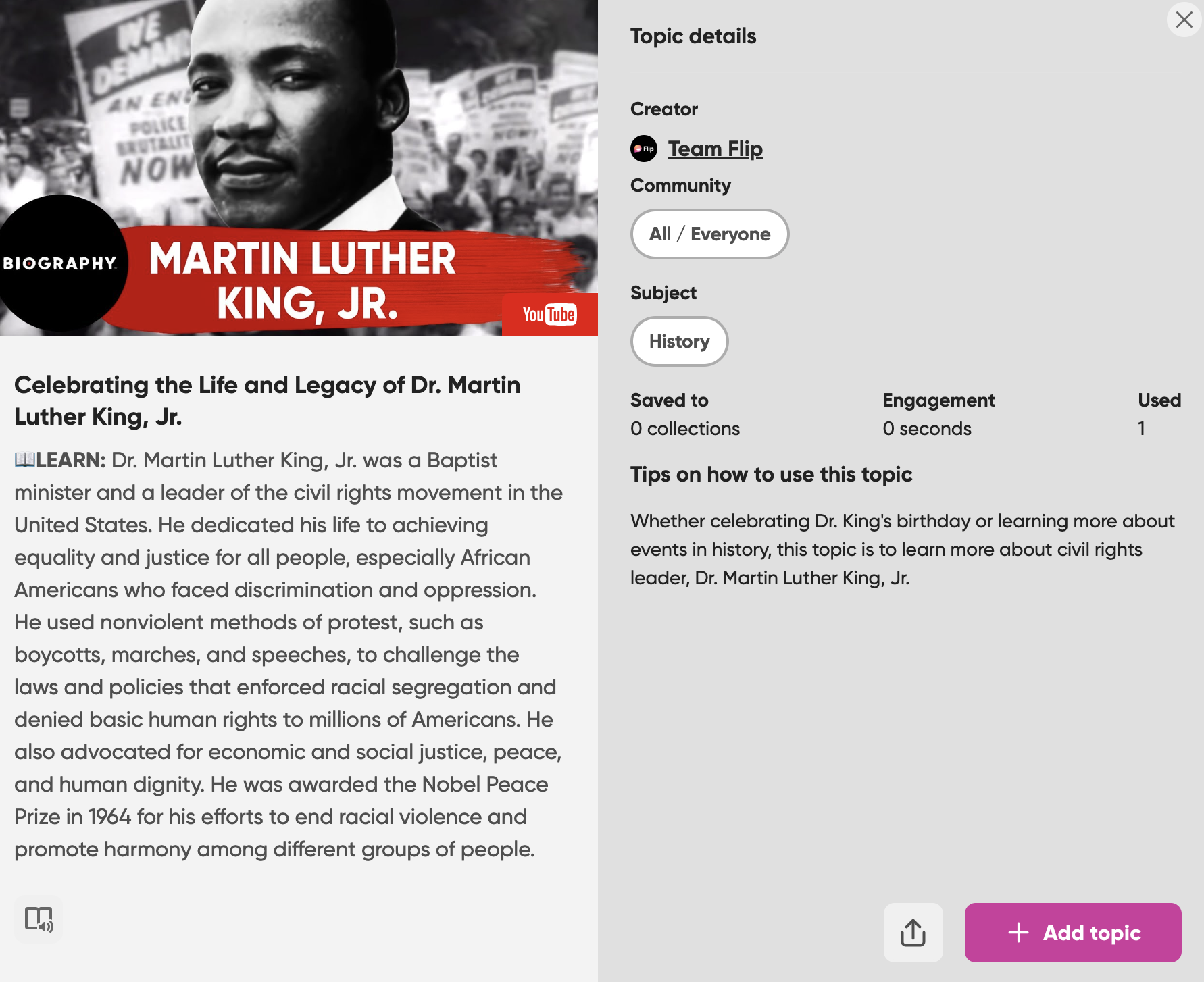 Teacher view of the “Celebrating the Life and Legacy of Dr. Martin Luther King, Jr.” discussion topic in Flip.