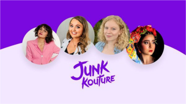 Four headshots of women on a two-tone purple background with the words, Junk Kouture.