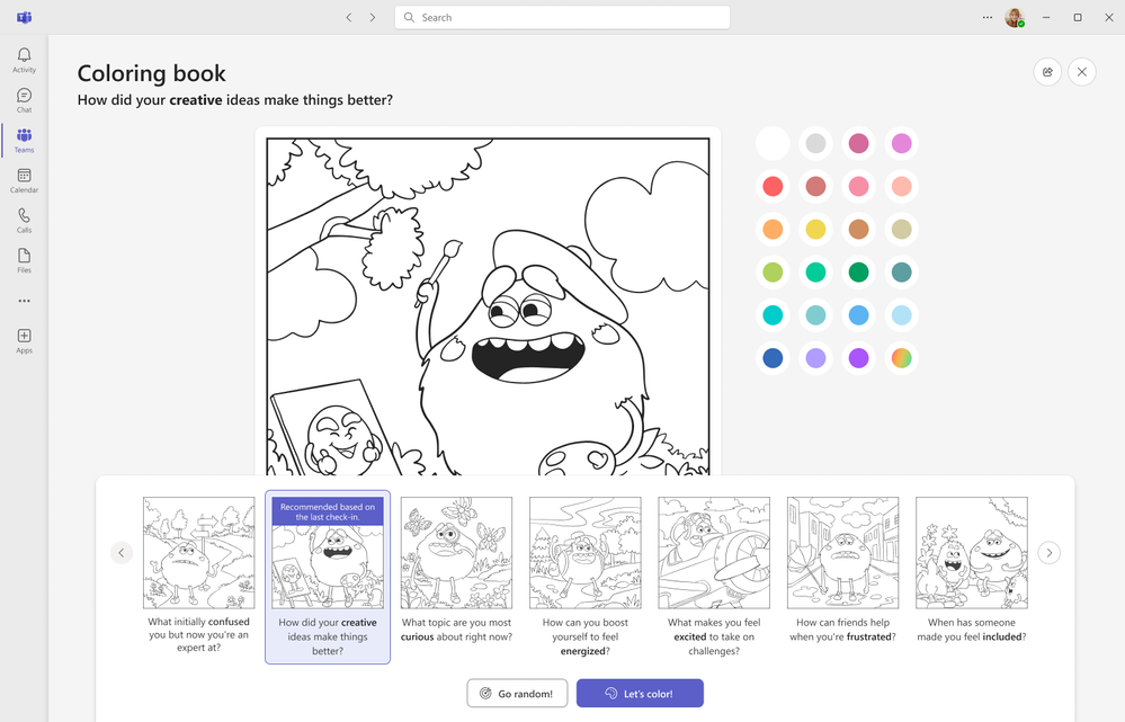 A digital coloring page in Microsoft Reflect that includes a scene with the oval-shaped, furry Feelings Monster character, and a color palette with 24 colors.