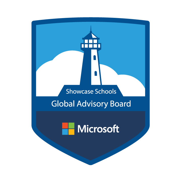 Logo. Lighthouse on a blue background with the words Showcase Schools Global Advisory Board.