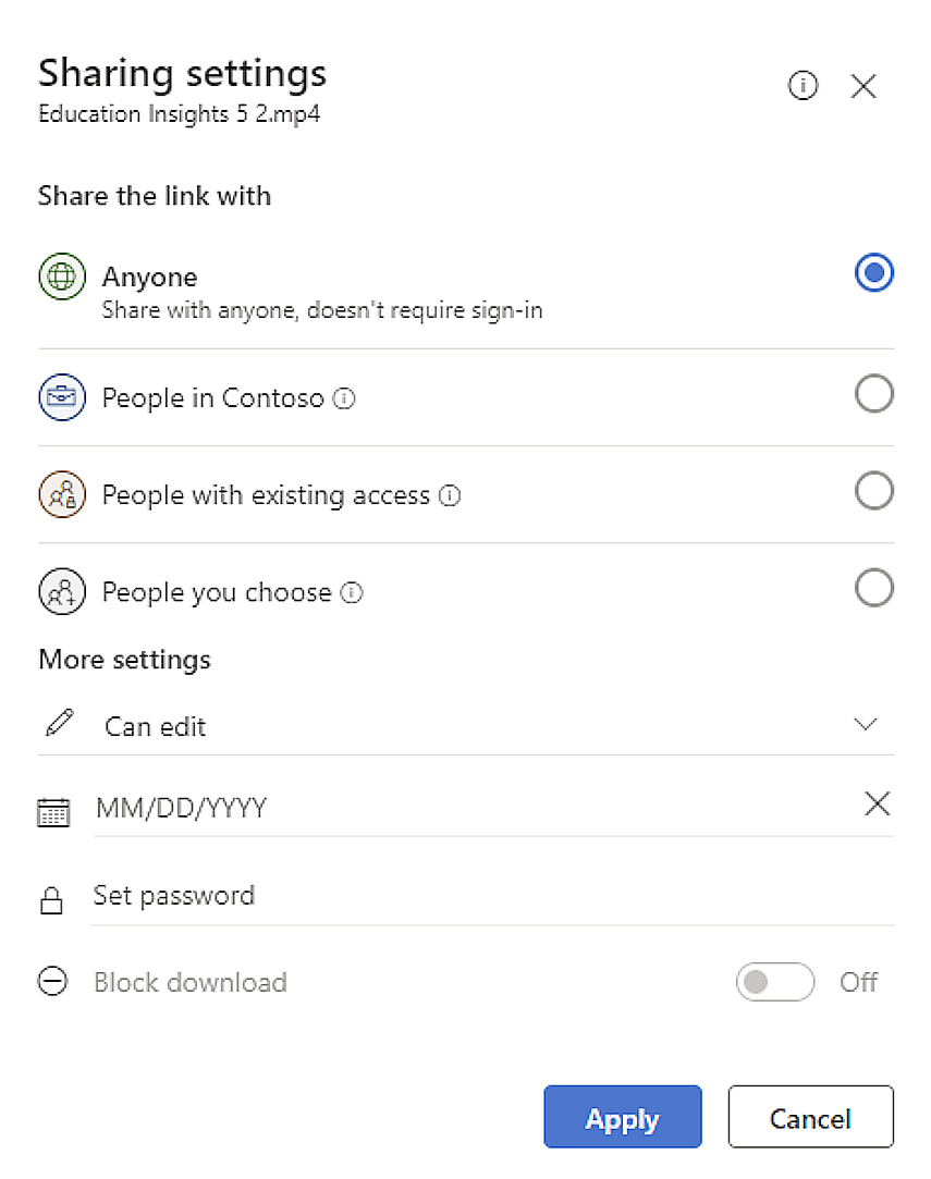 The Sharing Settings dashboard showing options for sharing, permissions, expiration date, password authentication, and downloading.