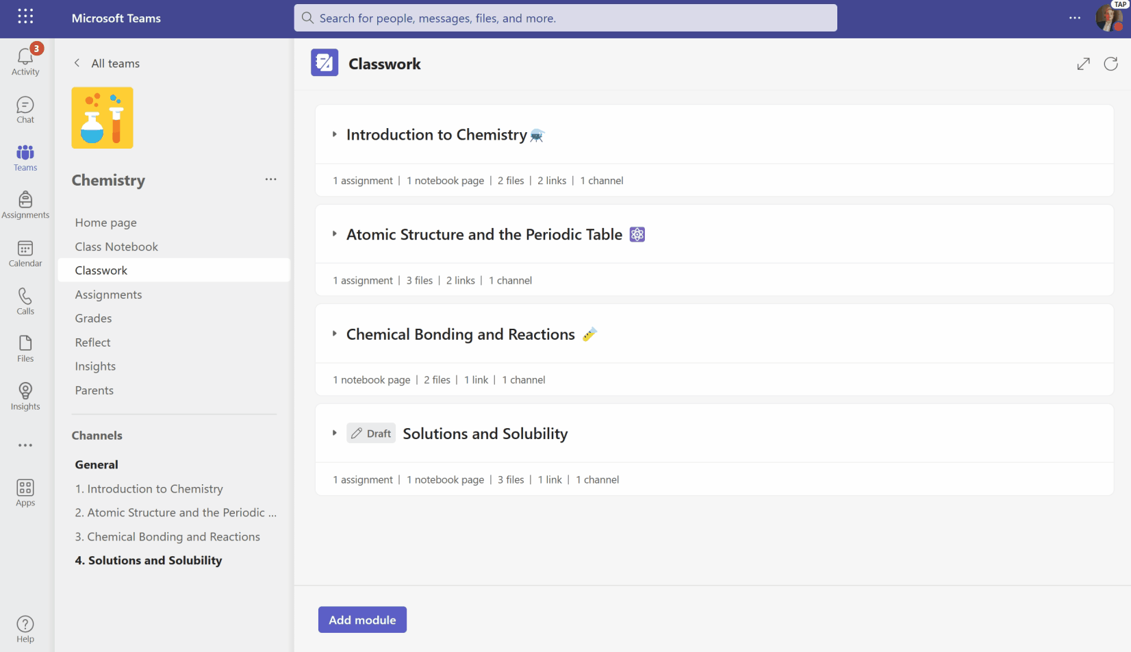 GIF. Using Classwork in Microsoft Teams to organize Chemistry class materials into one view.