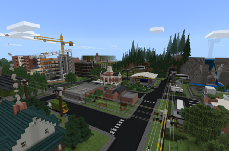 A Minecraft world showing a top-down view of a solar farm, a tall building, and some trees.