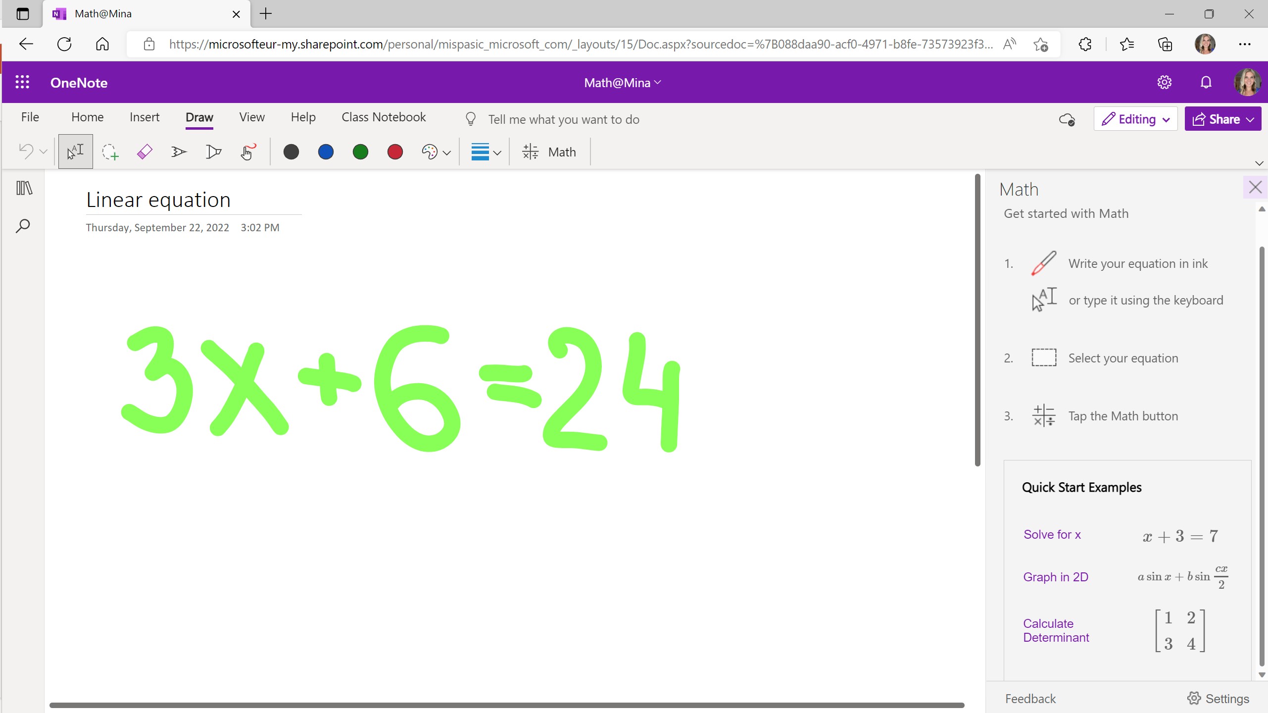 Math Assistant in OneNote showing a how to start the process for solving a linear equation.