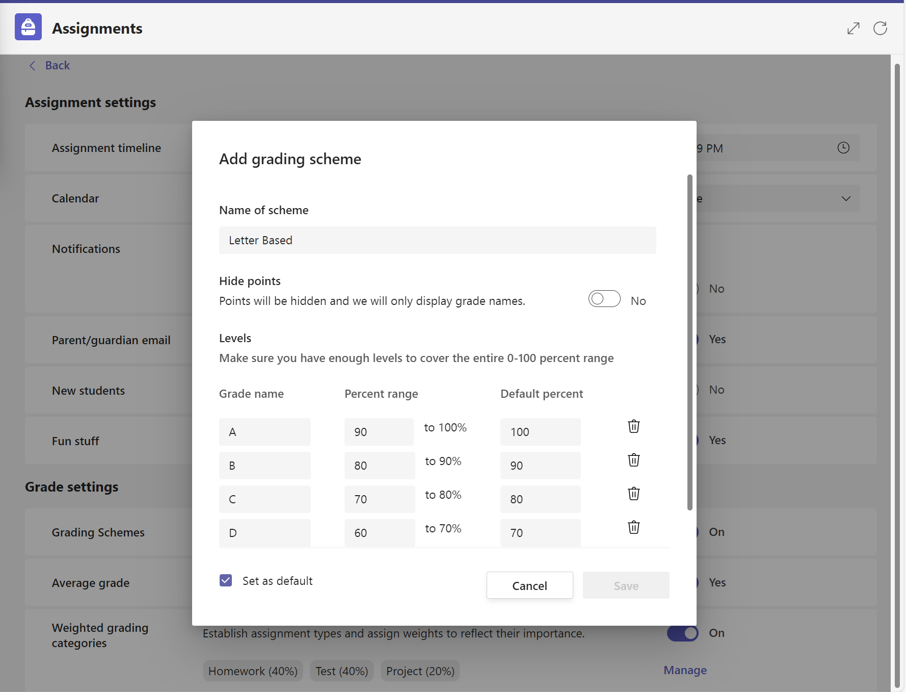 Add a new grading scheme in Assignments in Microsoft Teams for Education.