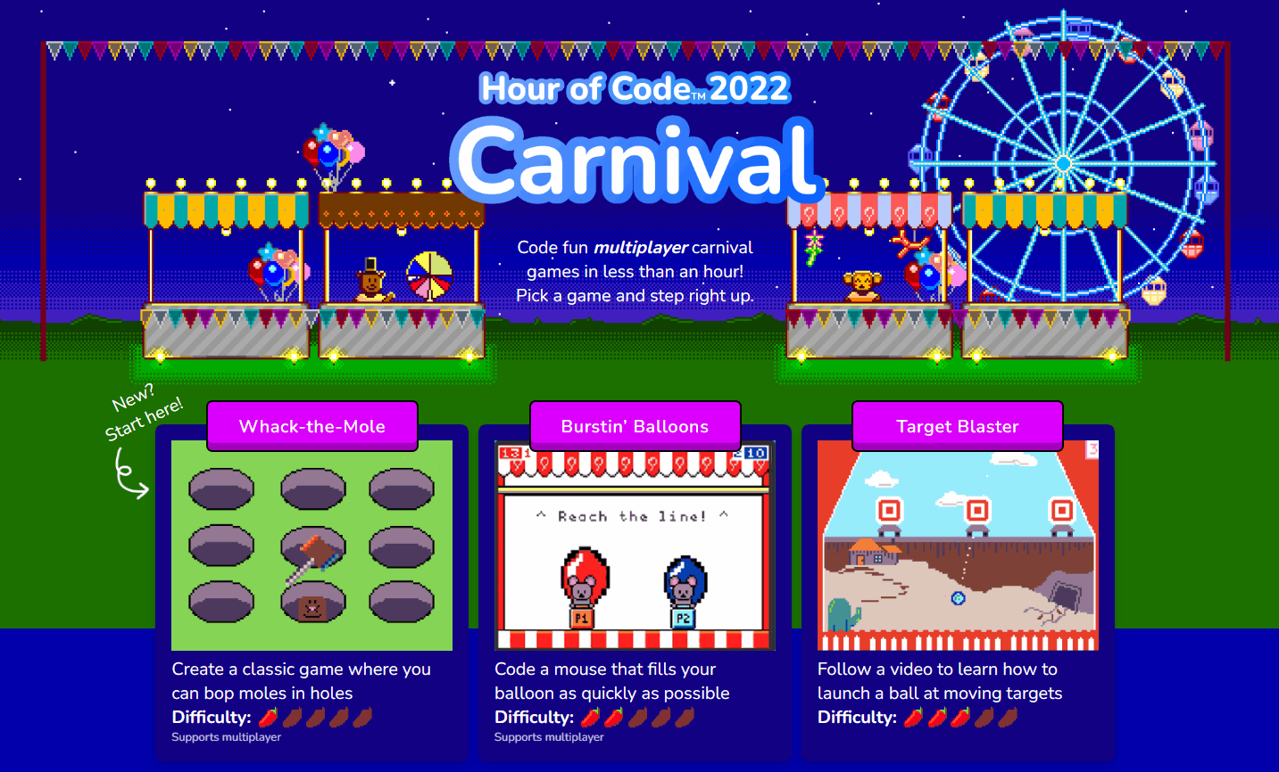 Code a Carnival landing experience in MakeCode, showing a variety of carnival games including Whack-the-Mole, Burstin’ Balloons, and Target Blaster.