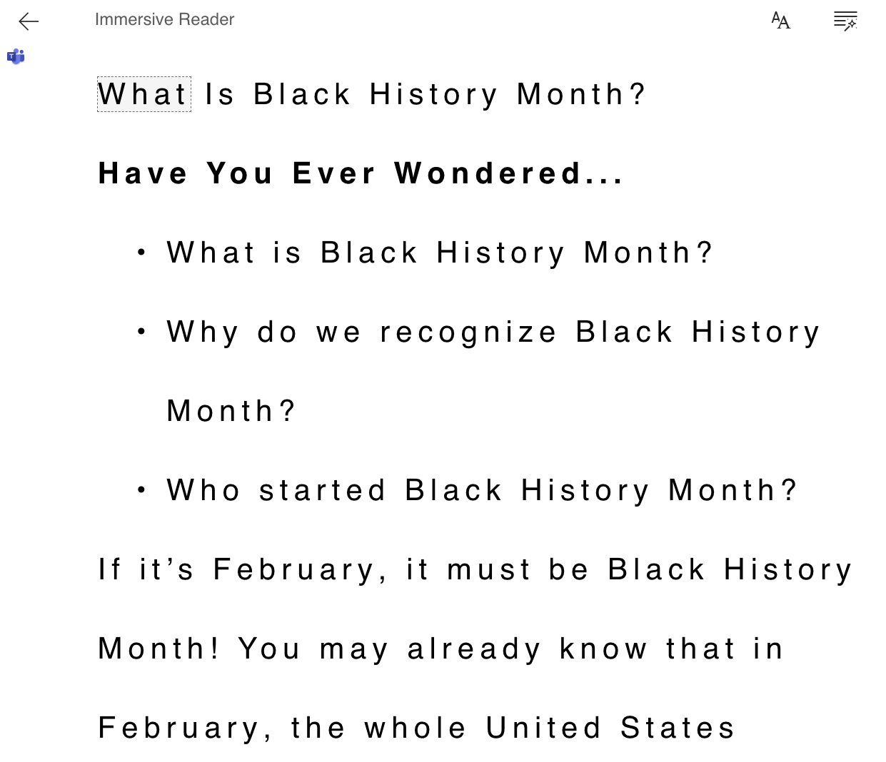 Immersive Reader version of the What Is Black History Month article on Wonderopolis.