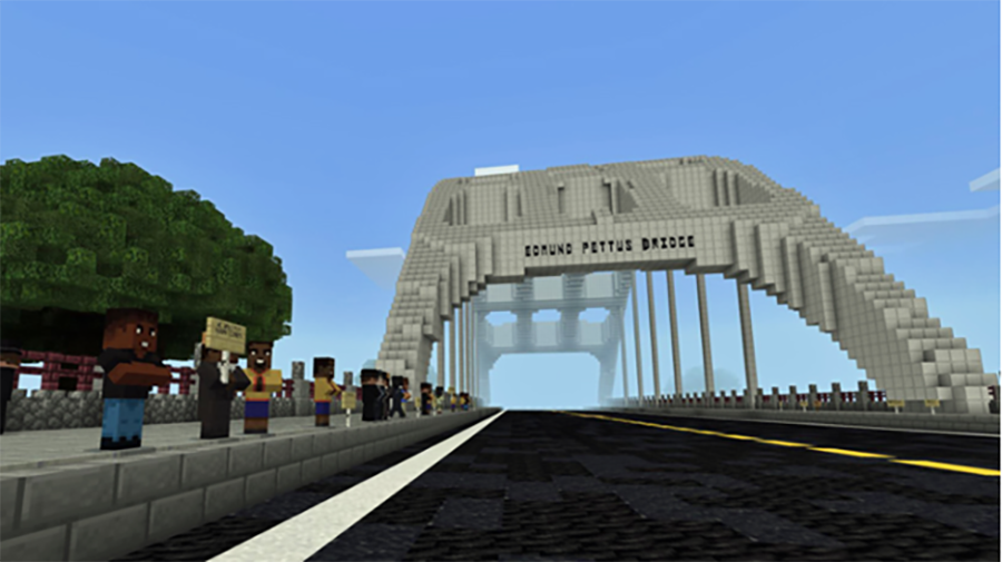 Minecraft block version of the Edmund Pettus Bridge in Selma, Alabama, with civil rights protesters lined up on the adjacent sidewalk.  