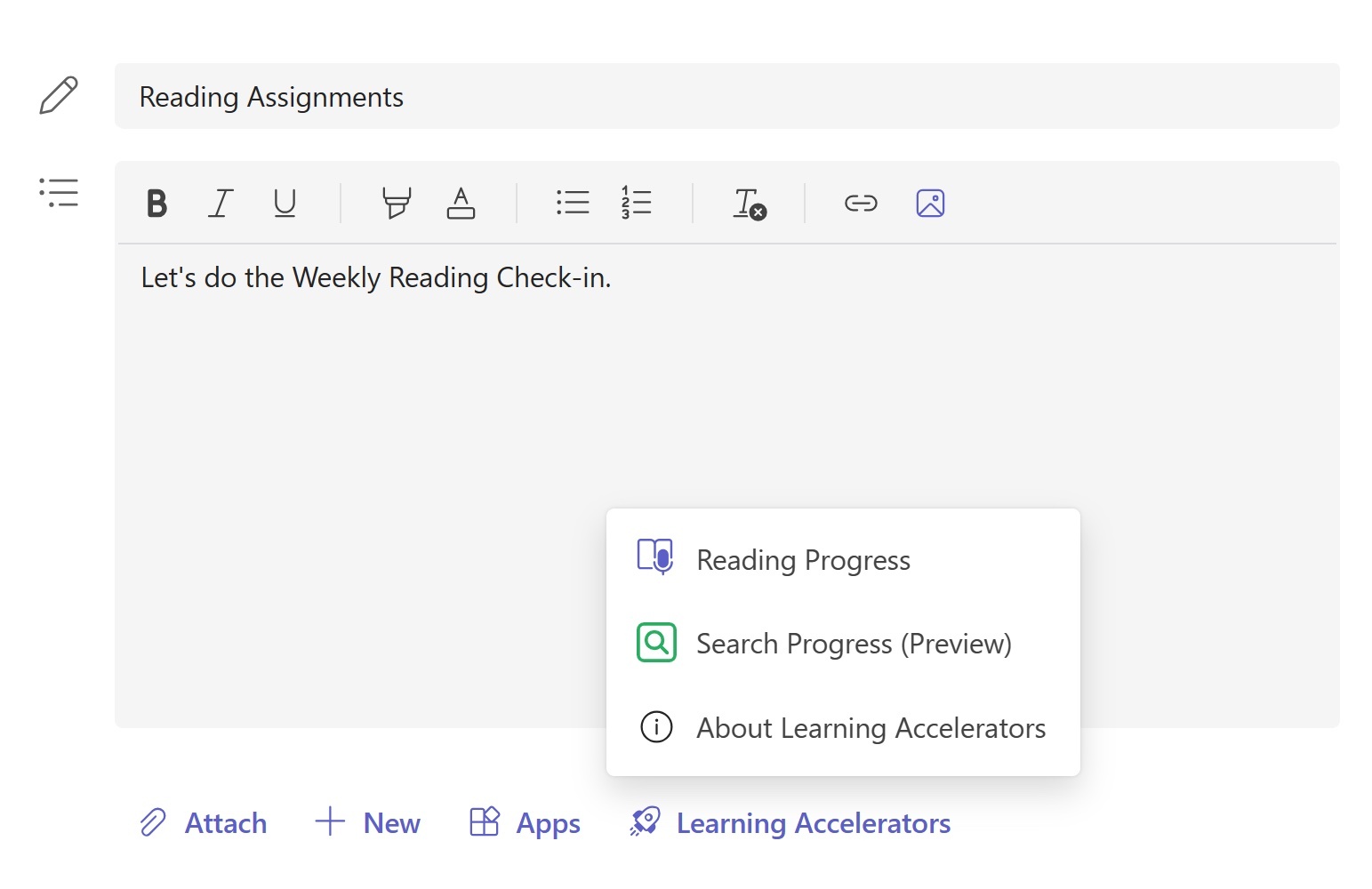 Teacher interface for adding Search Progress to an assignment in Microsoft Teams.