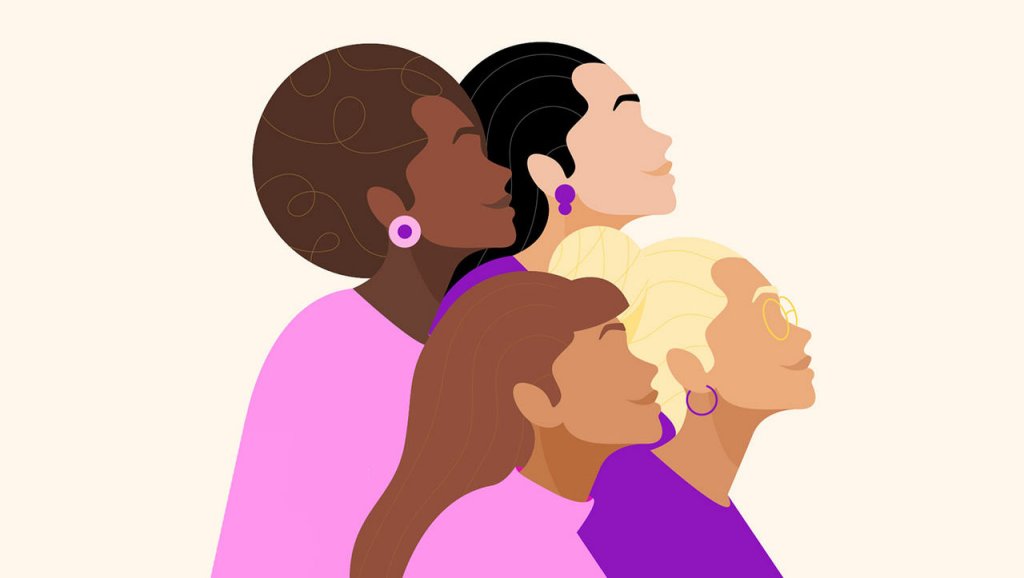 A graphic of four women grouped together and looking upward.