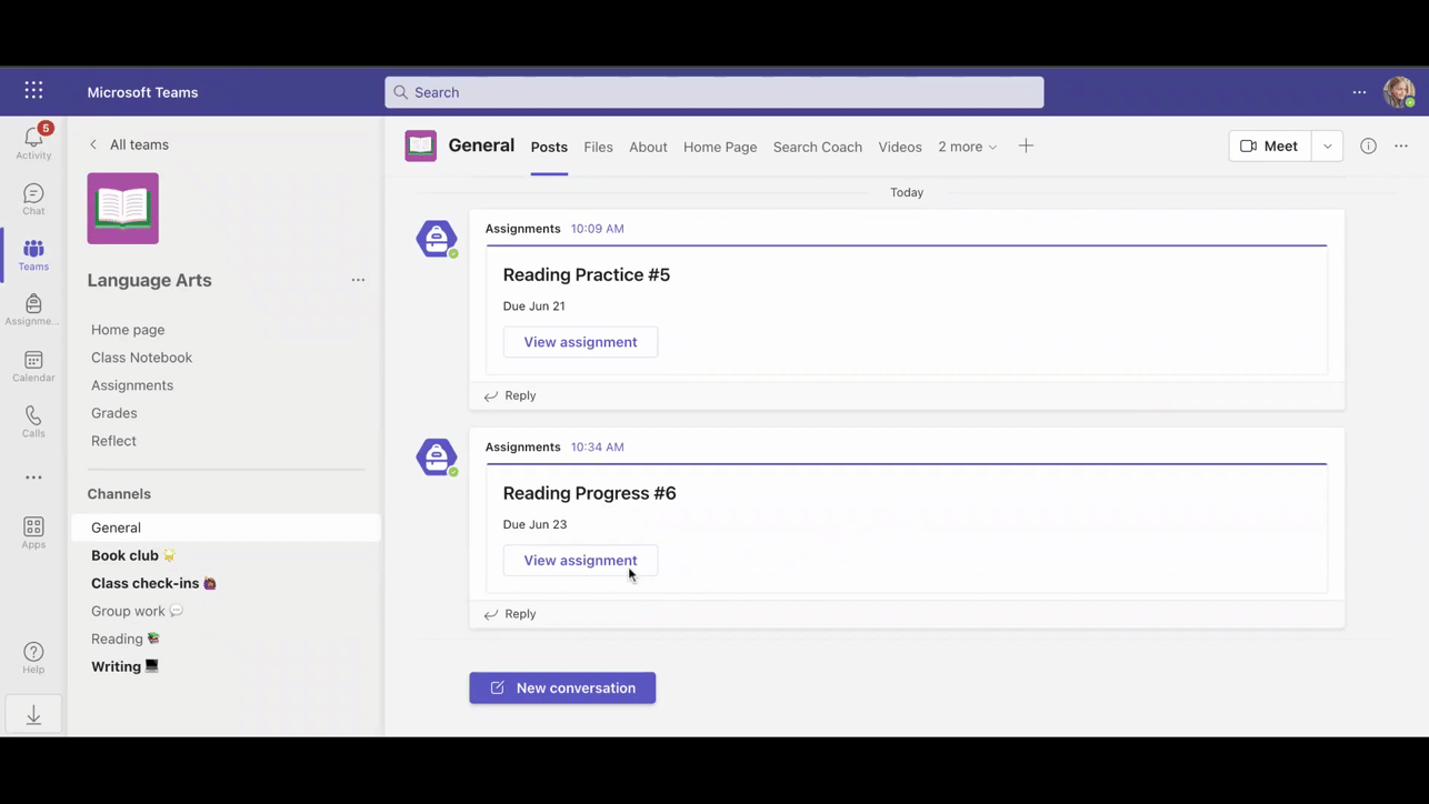 GIF. Student experience of a Reading Progress assignment and using Reading Coach in Microsoft Teams.