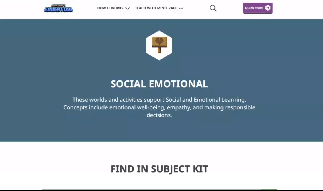 Gif of the Minecraft Social and Emotional subject kit home page
