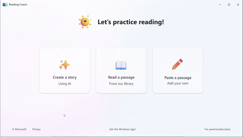 GIF. Student experience of the create a story feature in Reading Progress, including choosing a main character, story location, and reading level.