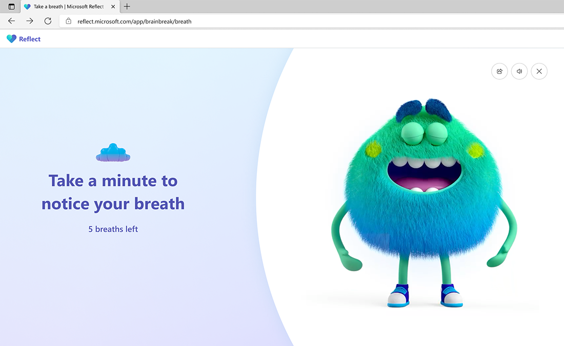 Example of a breathing activity in Reflect, featuring the Feelings Monster.